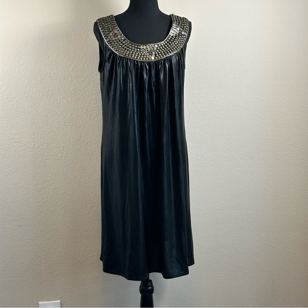 Vintage Lucca Black Stretch Shift Dress Large Metallic‎ Disc Collar Y2K Party - Picture 3 of 10
